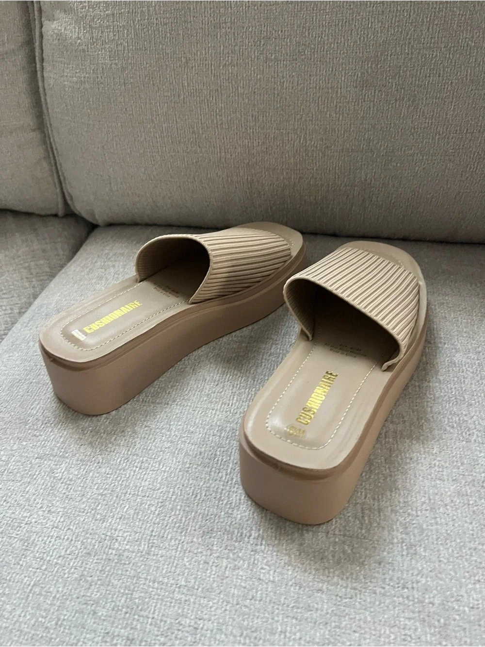 Ribbed Platform Slide Sandals in Tan